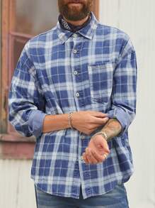 Manfinity Homme Men's Light Blue Plaid Denim Casual Loose Shirt - Light Wash - View 5
