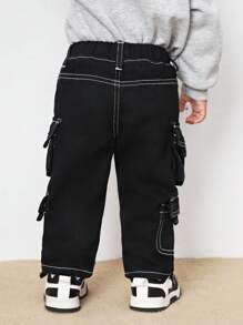 SHEIN Baby Boy Cool Multiple Pockets And Contrast Stitching Denim Black Jeans,Versatile For Outdoor Wear - Black - View 2