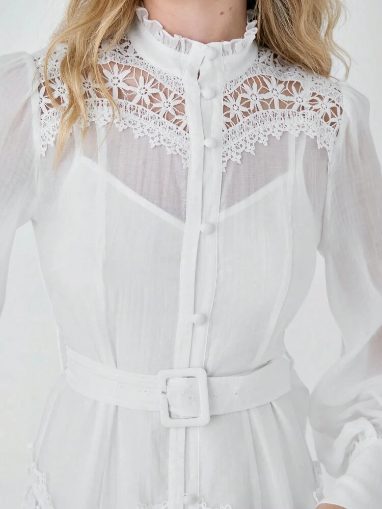 Fall Winter Fall Dresses, Long Sleeve White Dress, Lace Processing,Women's Solid Color Stand Collar Long Sleeve See-Through Dress + Slip Dress 2Pcs Set,Daily Vacation, White Women Dresses ,Winter  Dresses,Fall Winter  Women's Clothing