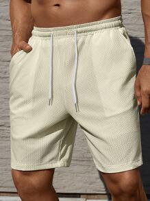 Manfinity Homme Men Solid Color Jacquard Knit Elastic Waist Shorts - Beige - View 1