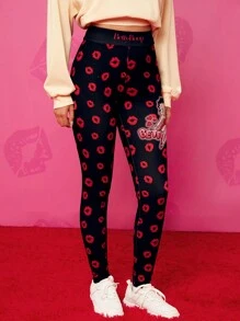 Betty Boop x SHEIN 女士休闲卡通人物及唇印高腰紧身裤