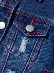 年轻女孩复古街头休闲彩色钩针拼布和磨损细节对比缝线洗水牛仔夹克，带口袋，百搭时尚主打春/秋/冬 - 深色水洗藍 - 查看 5