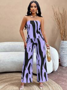 Zolique Graphic Print Backless Tube Top & Wide Leg Pants (Random Floral) - Purple - View 3