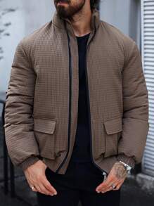 Manfinity Homme Men Solid Color Zip-Up Pocket Winter Padded Coat,Black Warm Plush Winter Coat - Brown - View 6