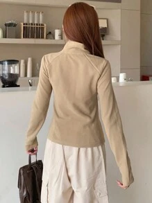 DAZY 女士纯色立领修身长袖拉链外套，秋季女装，保暖内衬 - 卡其色 - 查看 4