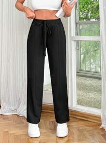 RueChic Women Black Drawstring Solid Seam Pants - Black - View 6