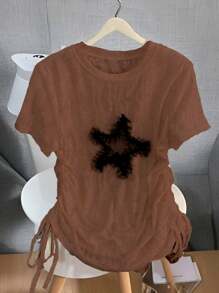 SHEIN Unity Camiseta de malla negra con estampado de estrella, color liso, con cordón de encaje