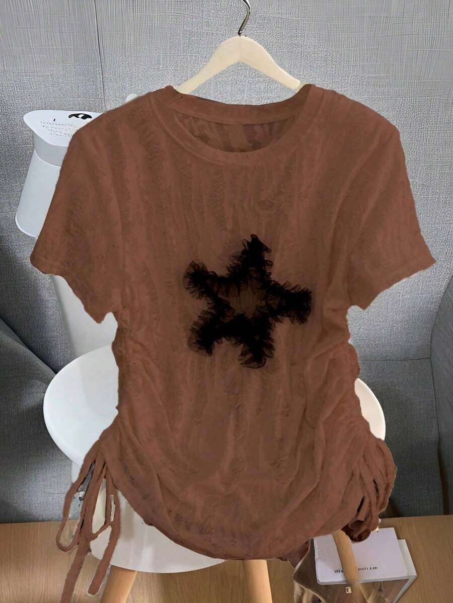 SHEIN Unity Camiseta de malla negra con estampado de estrella, color liso, con cordón de encaje