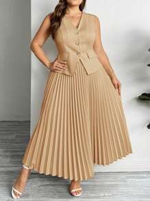 SHEIN Privé Sleeveless Blazer + Long Pleated Skirt Plus Size Business Set - Khaki - View 6