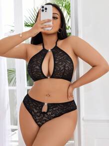 Spicy Aura Plus Size Women 2pcs Lace Lingerie Set - Black - View 5