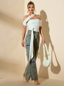 SHEIN BAE Women's Asymmetrical White Plain Bodysuits With Bow Tie Decor, Off-Shoulder, Elegant Fall Tops