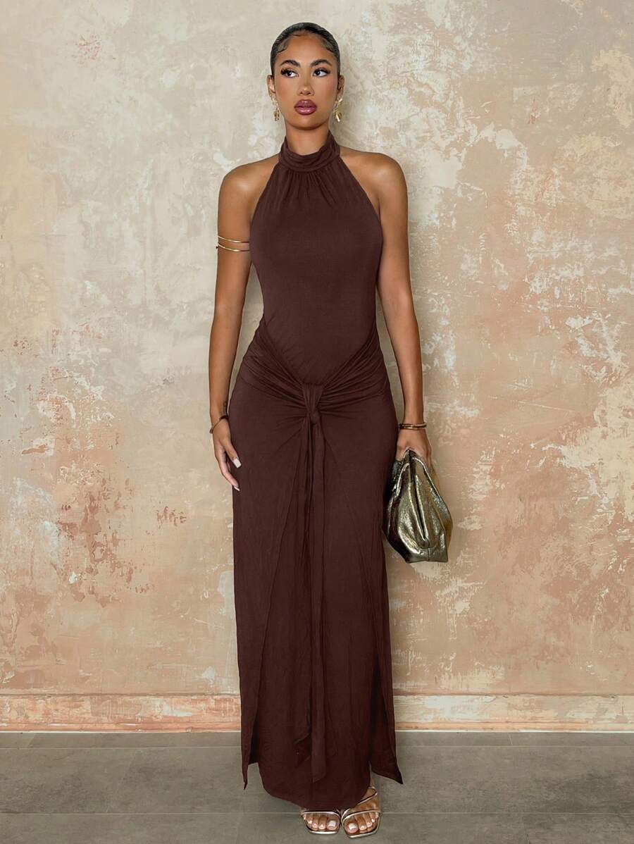 SHEIN BAE 女式无袖高领简约纯色紧身垂坠系带连衣裙，秋冬