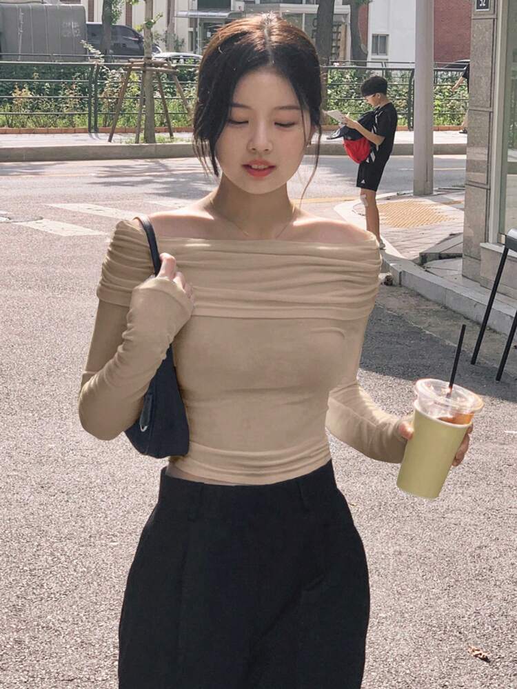 Camiseta de manga larga con hombros descubiertos y unicolor para mujer, casual para primavera y otoño, blusa con hombros descubiertos, ropa de mujer para otoño