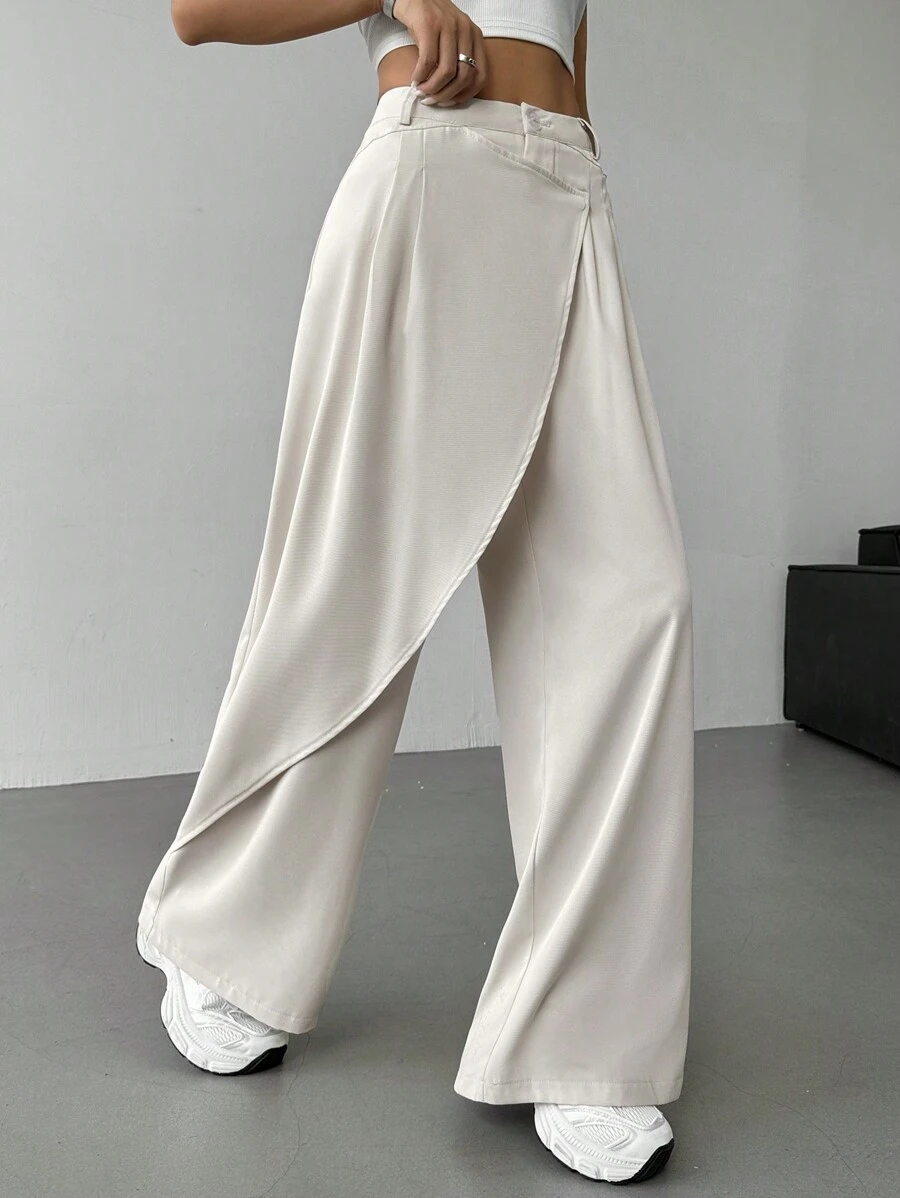 SHEIN EZwear Solid Color Minimalist Asymmetrical Loose Wide-Leg Pants, Casual Daily Wear - Beige - View 1