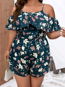 SHEIN Clasi Grote maten spaghettibandjes, rugloze, zelfbindende elegante jumpsuit met all-over print