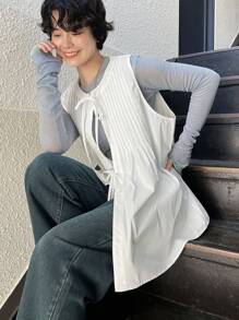 FRIFUL Women Summer Solid Color Front Tie Pleated Sleeveless Loose Shirt - White - View 7