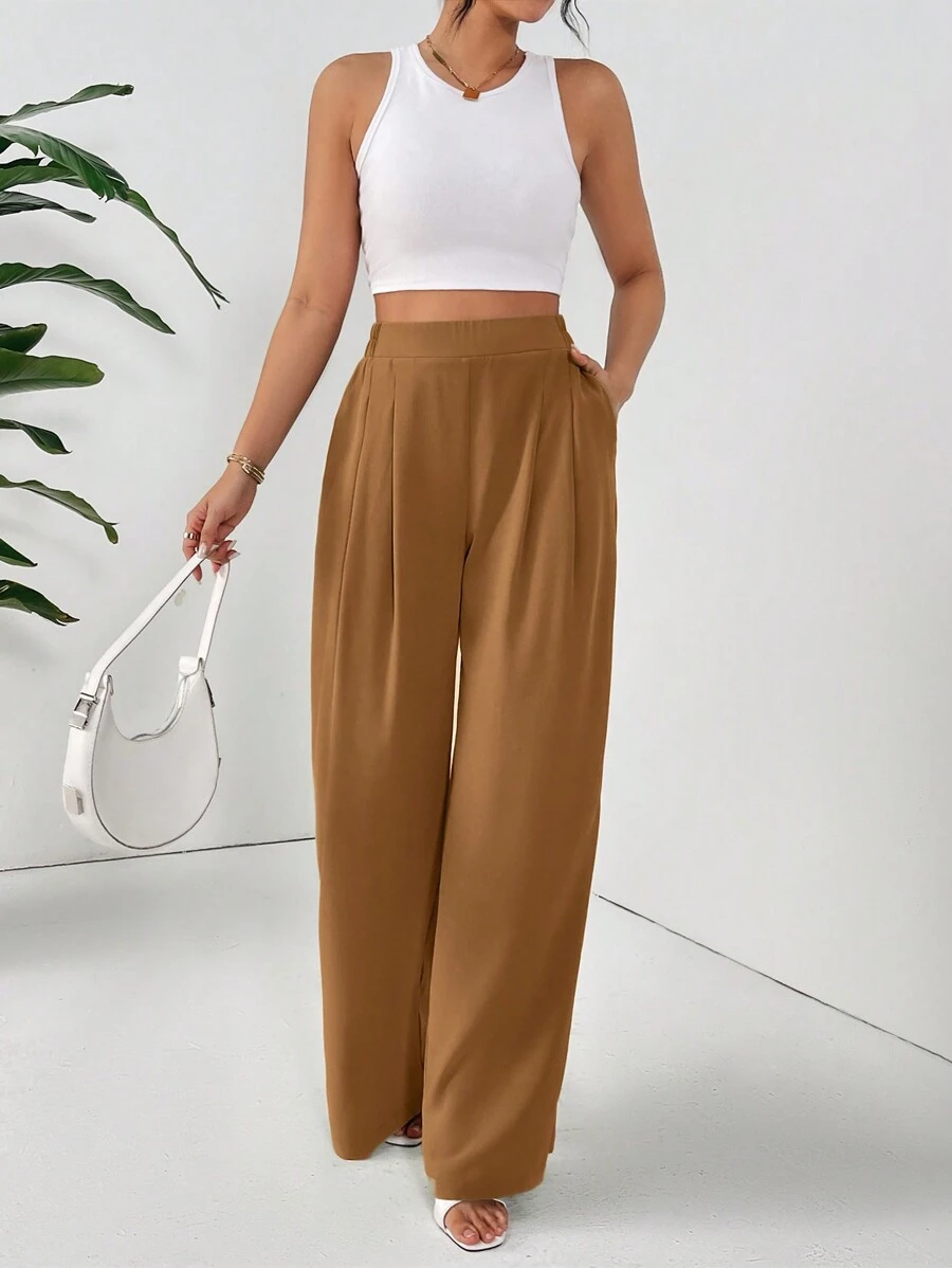 SHEIN Essnce Pantalones básicos sencillos de un solo color para mujer para uso diario - Marrón - Ver 1
