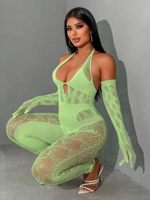 VaVaBold Women Spring And Summer Fashion Sexy See-Through Hollowed-Out Halter Neck Tight Jumpsuit
