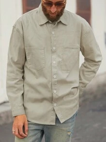 Manfinity Homme Camisa casual de mezclilla relajada en color beige para hombre