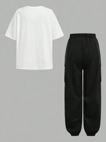 SHEIN Girlism 少女超大黑白星星印花 T 恤和工装口袋裤套装 - 黑與白 - 查看 3