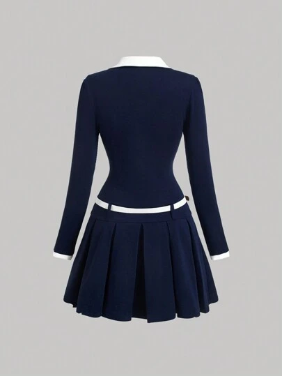 blue denim dress with belt Long Sleeves Short Blue Lace Prom Dresses, Short Blue Lace Homecoming –  jbydress main image 1