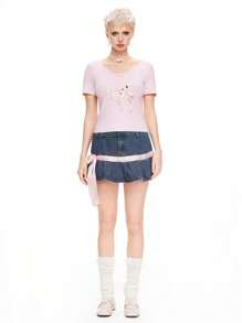 ROMWE Kawaii Animal Bow Embroidered V-Neck Short Sleeve Top, School - Pink - View 2