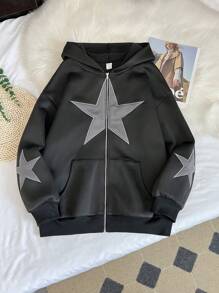 SHEIN Sudadera negra para adolescentes con diseño de parche de estrella y pentagrama, adecuada para otoño e invierno, uso casual y Halloween - Negro - Ver 7