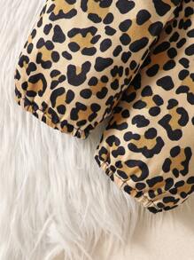 SHEIN 3pcs Baby Girls Cute Leopard Print Long Sleeve Ruffle Letter Bow Bodysuit And Long Pants Set - Black - View 7