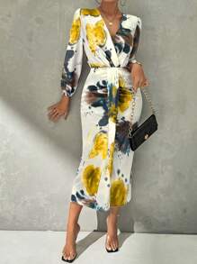 SHEIN Privé 优雅印花染色交叉 V 领长袖开衩中长连衣裙套装，夏季 - 彩色 - 查看 1