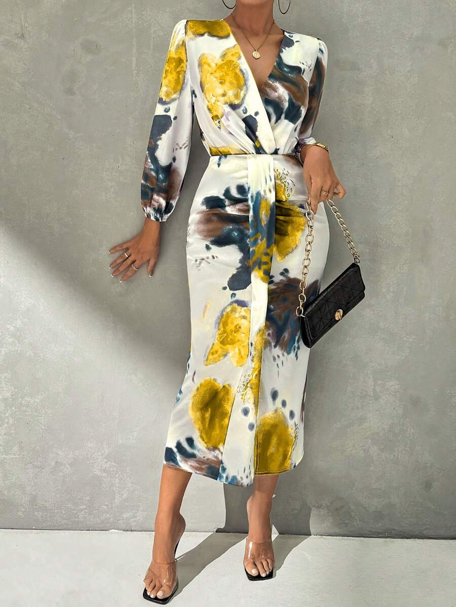 SHEIN Privé 优雅印花染色交叉 V 领长袖开衩中长连衣裙套装，夏季 - 彩色 - 查看 1