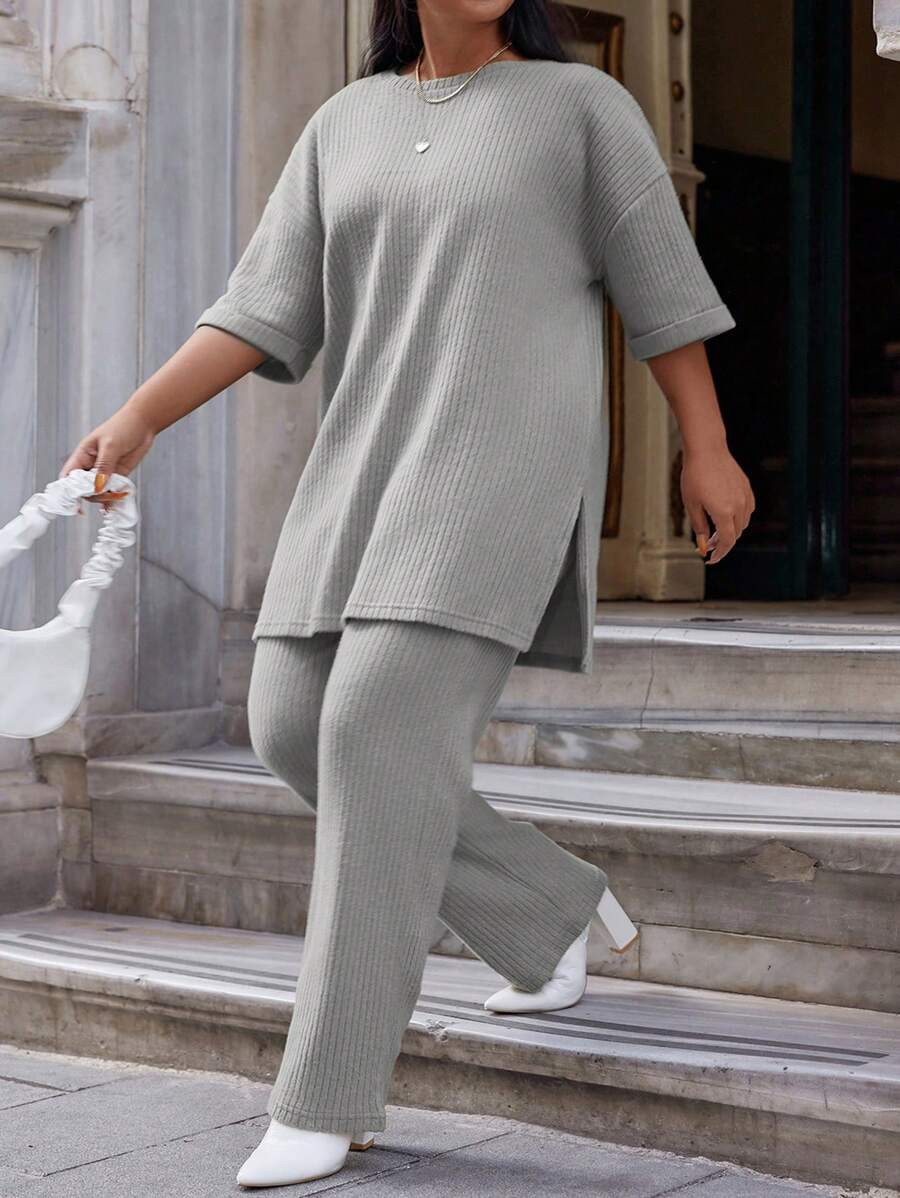 RueChic Plus Drop Shoulder Split Hem Tee & Pants - Apricot - View 1