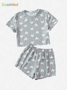 SHEIN Tween Girl Heart Print Top & Shorts PJ Set - Grey - View 1