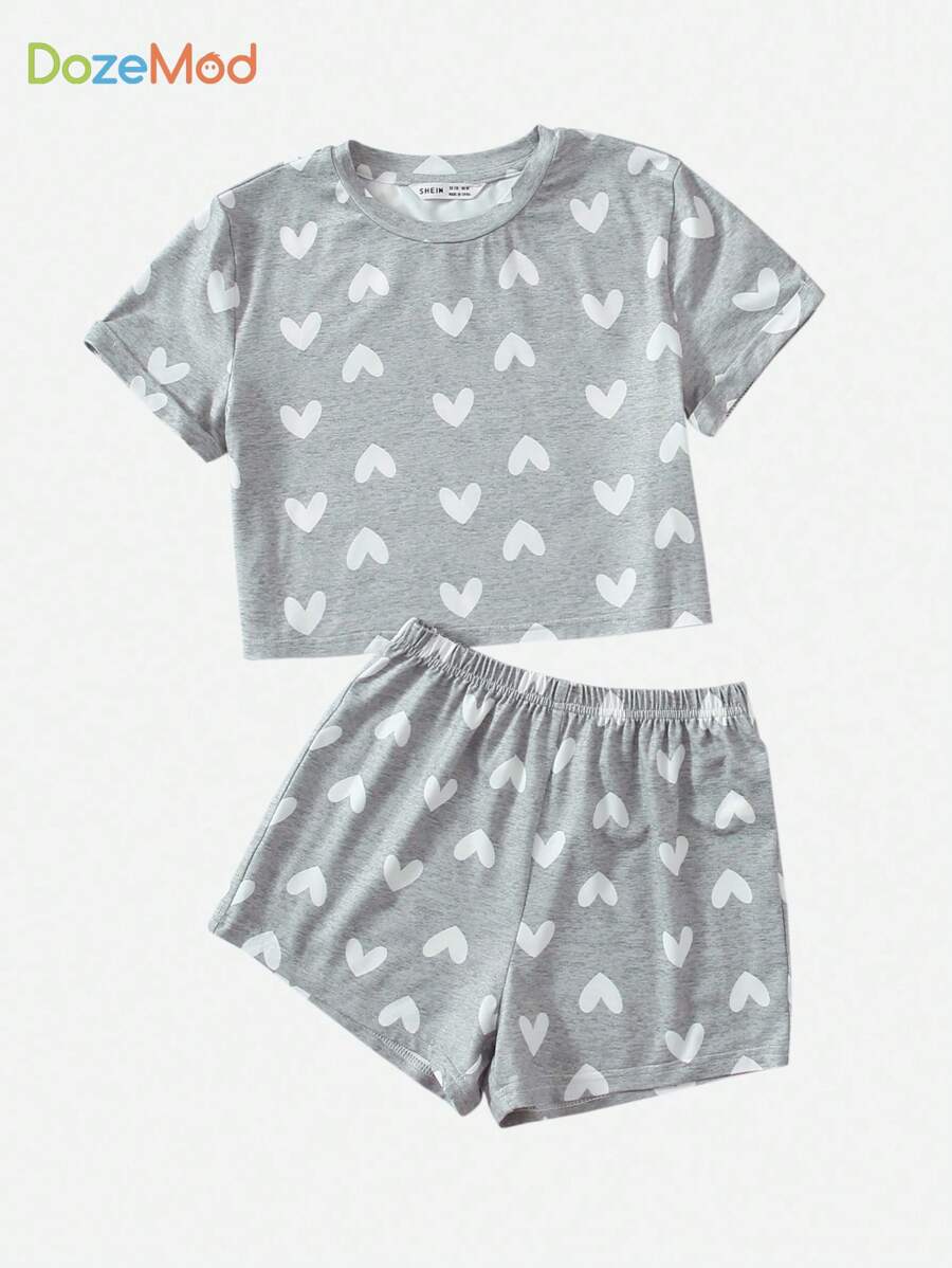 SHEIN Tween Girl Heart Print Top & Shorts PJ Set - Grey - View 1