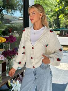 EURMUSE Women Handmade Strawberry Accessory Front Button Drop Shoulder Cardigan - Dusty Pink - View 2