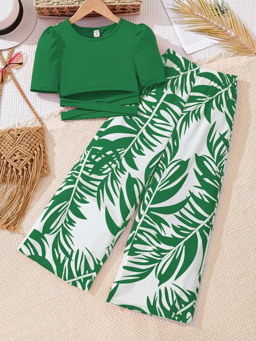 Sparklyn Holiday,Summer,TravelTween Girl Summer Solid Color Crew Neck Short Puff Sleeve Cropped Top And Floral Print Wide Leg Loose Pants Set - Green - View 1