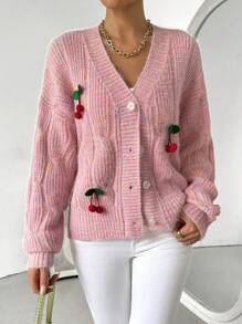 SHEIN Unity Women's Casual Cardigan With Cherry Decor, For Autumn And Winter Fall Cloth For Women - Pink - View 3