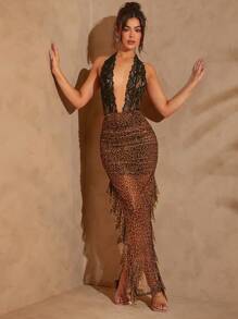 SHEIN Unity 混合面料豹纹荷叶边和透明蕾丝低胸吊带连衣裙