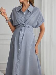 SHEIN Pregnant Women Summer Striped Bat Short Sleeve Waist Twist Casual Shirt Dress, For Maternity - Navy Blue - View 3