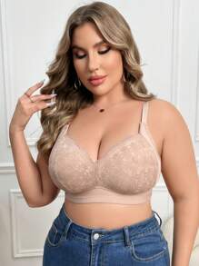Plus Size Contrast Lace Non-Wired Bra, 1pc Lingerie - Apricot - View 4