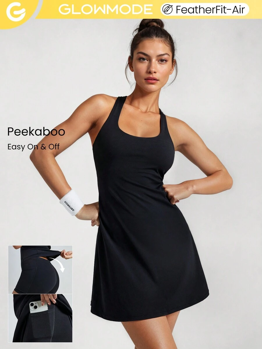 GLOWMODE FeatherFit™-Air Peekaboo Everyday Built-In Shorts Pocket Anti-Slip Dress Light Support Low Impact Yoga Pilates Studio Spring Dress Quick Dry Moisture Wicking - Black - View 1