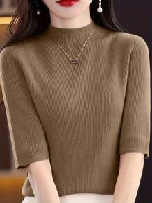 EMERY ROSE 女士纯色短袖简约针织休闲上衣 - 卡其色 - 查看 3