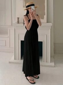女士纯色简约无袖连衣裙，适合日常穿着，夏季吊带裙，休闲女式连衣裙，长款连衣裙 - 黑色 - 查看 5