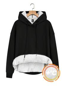 SHEIN LUNE 4XL Plus Kích thước màu tương phản có mũ trùm đầu dài tay Áo nỉ lông cừu dành cho nữ, mùa thu đông - màu đen - Xem 1