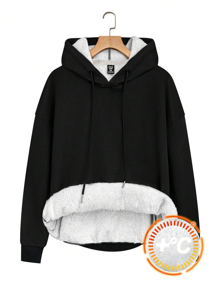 SHEIN LUNE 4XL Plus Kích thước màu tương phản có mũ trùm đầu dài tay Áo nỉ lông cừu dành cho nữ, mùa thu đông - màu đen - Xem 1