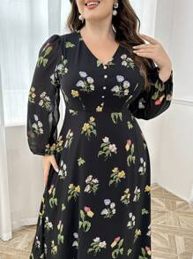 Modelyn 大码女式花卉印花 V 领长袖连衣裙，朴素优雅，适合休闲日常/旅游/度假/休假/派对长款女式长款晚礼服 - 黑色 - 查看 3