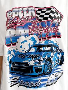 SHEIN 少女针织汽车印花短袖 T 恤和棋盘格图案骑行短裤休闲装 - 寶藍色 - 查看 4