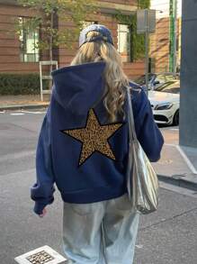 SHEIN EZwear 休闲简约豹纹星星图案套头连帽衫，宽松保暖内衬，适合女士，适合秋冬季 - 藏蓝色 - 查看 1