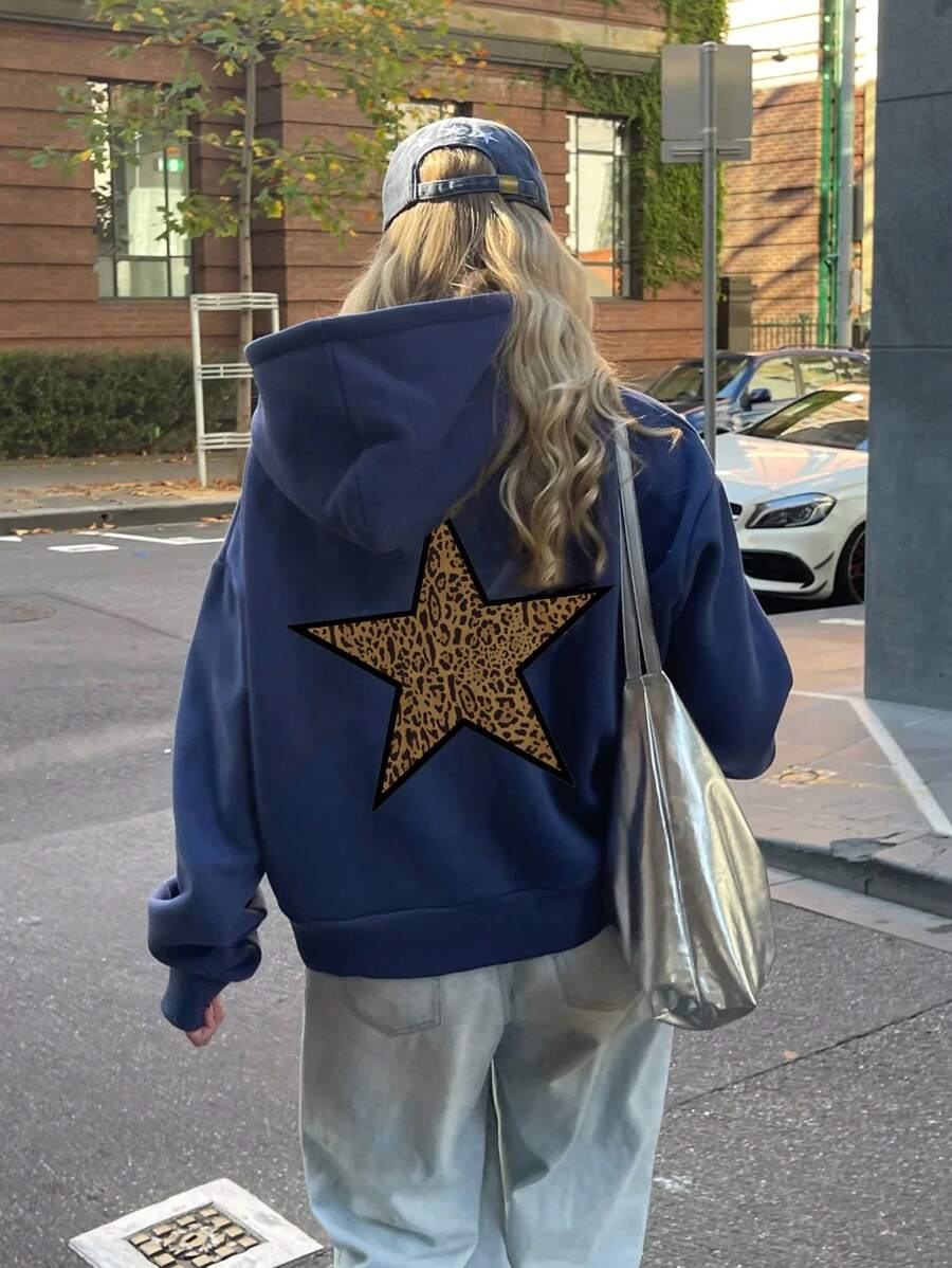 SHEIN EZwear 休闲简约豹纹星星图案套头连帽衫，宽松保暖内衬，适合女士，适合秋冬季 - 藏蓝色 - 查看 1