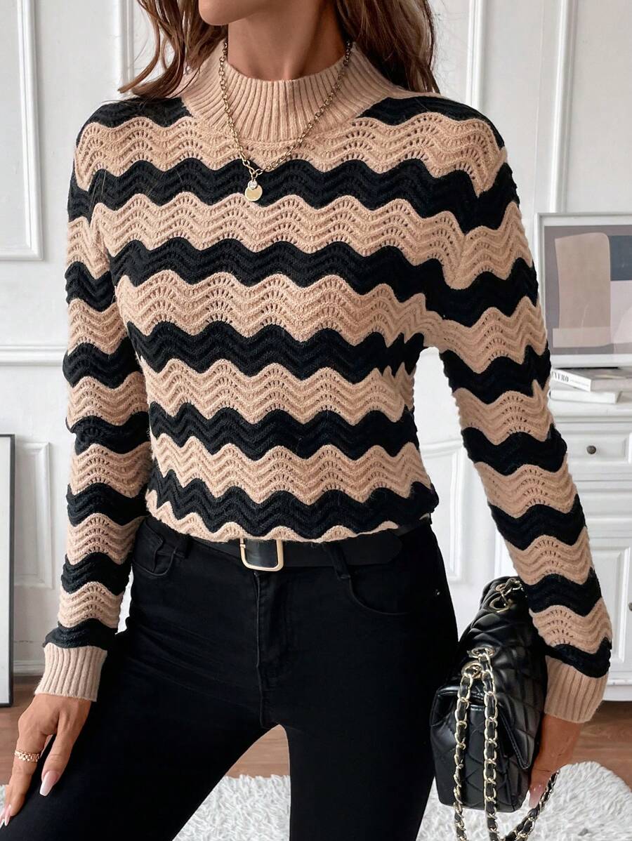 SHEIN LUNE 女士波浪条纹简约毛衣，休闲日常穿着