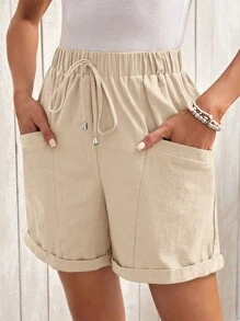 EMERY ROSE 女士纯色简约休闲抽绳短裤 - 杏色 - 查看 4